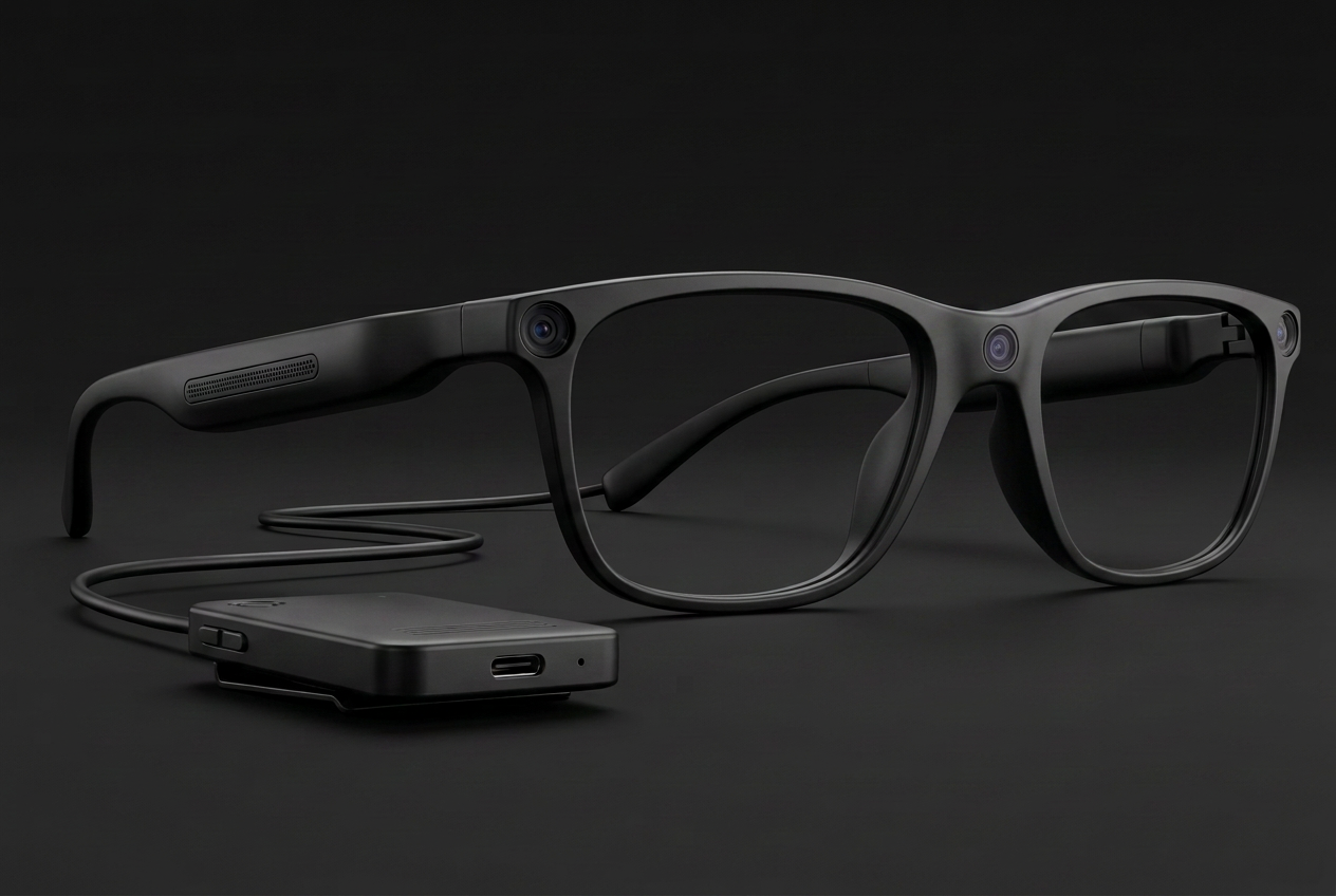 The two-part Visionar system: a matte black frame with an integrated bridge camera and two computer-vision cameras at the outer corners, a speaker in the temple arm, and a single cable running to a small clip-on compute pack.